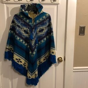 Vintage Unique Granola Girl Native Bohemian Abstract Hooded Poncho with Fringe